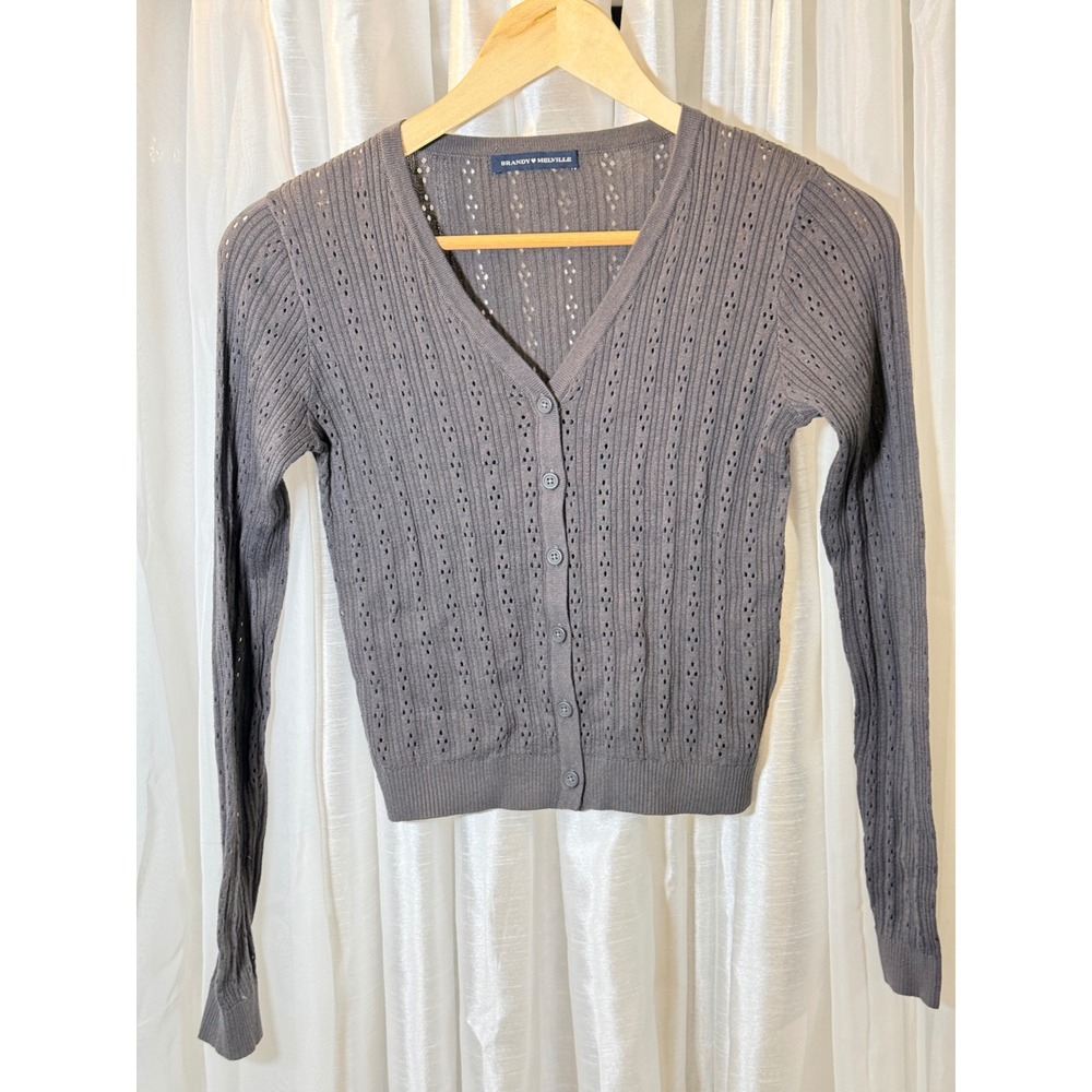 Brandy Melville Pointelle Cardigan Womens One Size Grey V-Neck Ribbed MH217